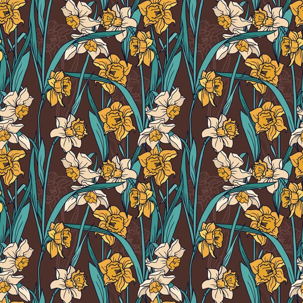 アール ヌーボー様式の美しい水仙花のシームレス パターン — ストックベクタ