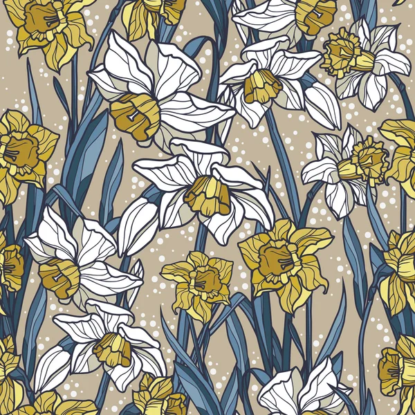 Χωρίς ραφή πρότυπο με όμορφη Νάρκισσος λουλούδια σε στιλ αρ νουβό — Διανυσματικό Αρχείο