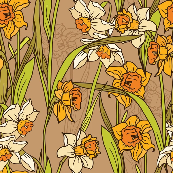 Seamless pattern with beautiful narcissus flowers in art nouveau style — Stock Vector