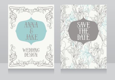 Süsen ile art deco retro tarzında çiçekler güzel çiçek düğün kartları