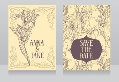 Süsen ile art deco retro tarzında çiçekler güzel çiçek düğün kartları