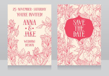 Süsen ile art deco retro tarzında çiçekler güzel çiçek düğün kartları