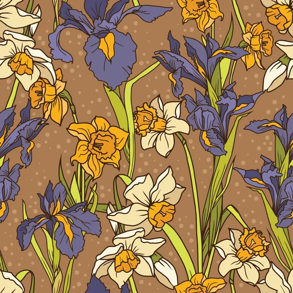 Naadloze patroon met prachtige irissen en narcissus bloemen — Stockvector