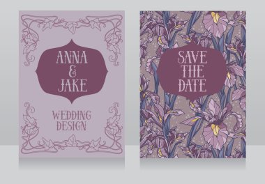 Süsen ile art deco retro tarzında çiçekler güzel çiçek düğün kartları