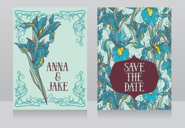 Süsen ile art deco retro tarzında çiçekler güzel çiçek düğün kartları