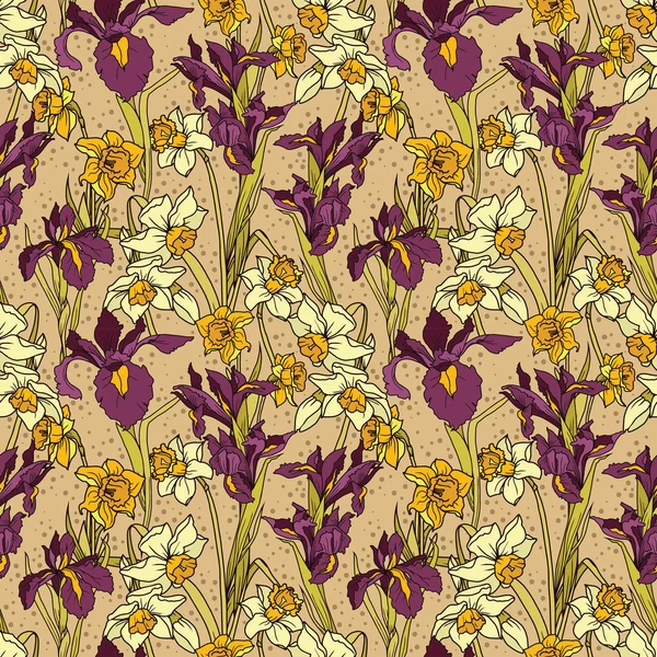 Modèle sans couture avec de beaux iris et fleurs narcisses — Image vectorielle