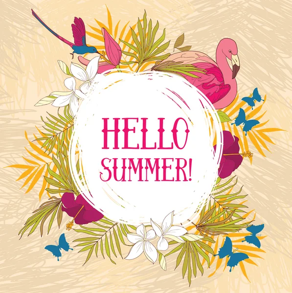 "Olá verão! " bandeira com pássaros tropicais e flores — Vetor de Stock