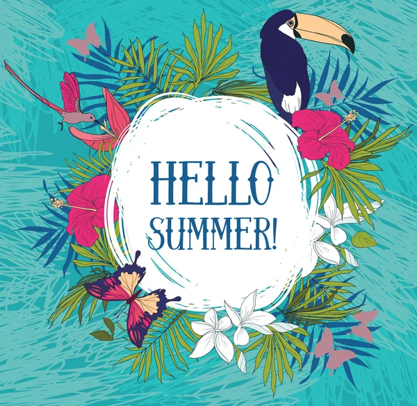 "Hello Summer! "banner med tropiska fåglar och blommor — Stock vektor