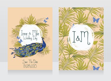 Kartlar güzel tavus kuşu ile düğün, kelebekler ve palmiye yaprakları
