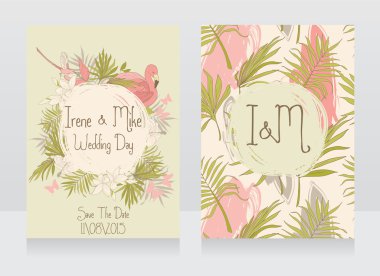 Düğün kartları tropikal kuşlar ve çiçekler