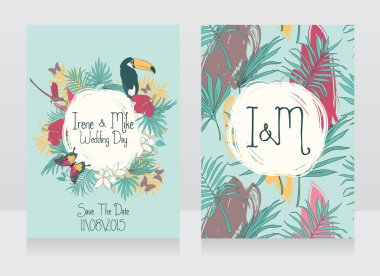 Düğün kartları tropikal kuşlar ve çiçekler
