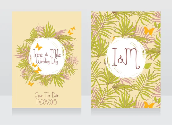Свадебные открытки с бабочками и пальмовыми листьями, баннеры для вечеринки в тропическом стиле — стоковый вектор