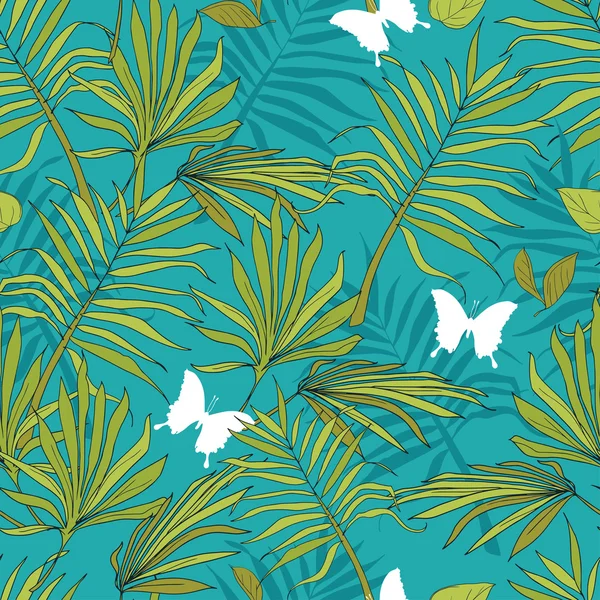 Seamless pattern palm leaves and butterflies — Stock Vector