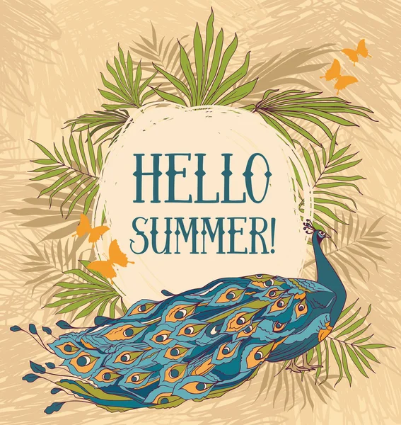 "Hello Summer! "banner med vacker påfågel, fjärilar och palmblad — Stock vektor