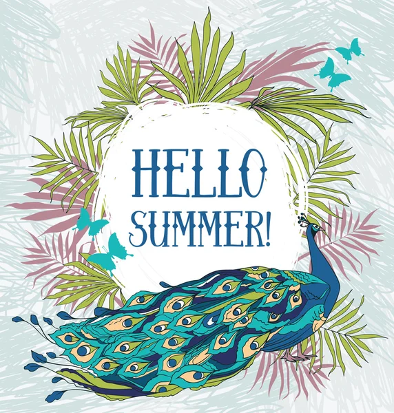 "Olá verão! " bandeira com pavão bonito, borboletas e folhas de palma — Vetor de Stock