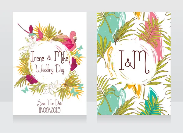 Düğün kartları tropikal kuşlar ve çiçekler — Stok Vektör