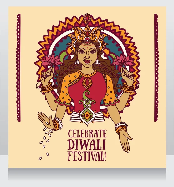 Tarjeta de felicitación para el festival diwali con la diosa india Lakshmi y adorno colorido — Archivo Imágenes Vectoriales