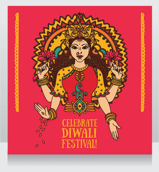 Grußkarte zum Diwali-Fest mit indischer Göttin lakshmi und buntem Ornament — Stockvektor