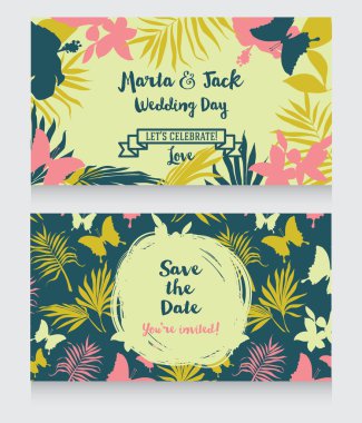kartları kelebekler ve palm ile tropikal tarzı düğün bırakır