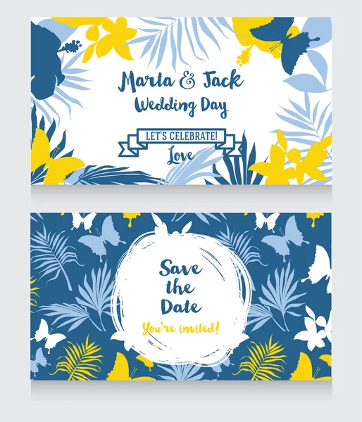 Esküvői kártya trópusi stílusban, pillangók és a palm levelek — Stock Vector