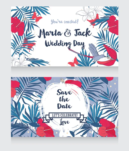 Tarjetas de boda en estilo tropical con colibrí, mariposas y hojas de palma — Vector de stock