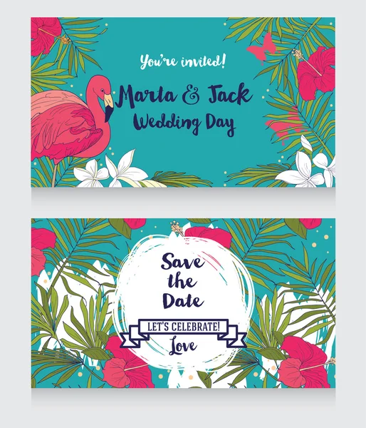 Cartes de mariage de style tropical avec flamant rose, papillons et feuilles de palmier — Image vectorielle