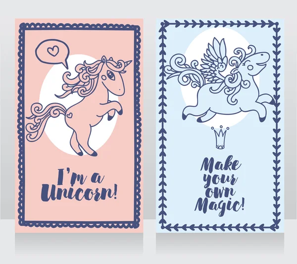 Dos cartas con lindo unicornio y pegaso — Archivo Imágenes Vectoriales