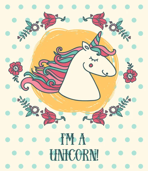 Poster with cute unicorn and floral frame — Stock Vector