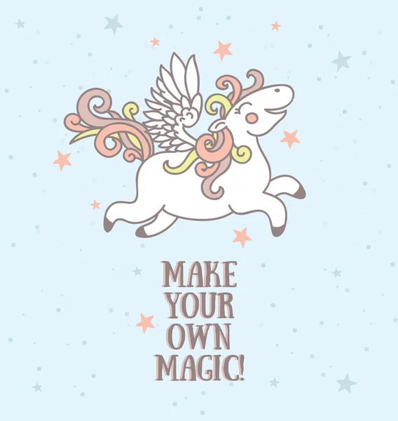 Póster con pegaso lindo sobre fondo estrellado, "¡Haz tu propia magia!" tarjeta — Archivo Imágenes Vectoriales