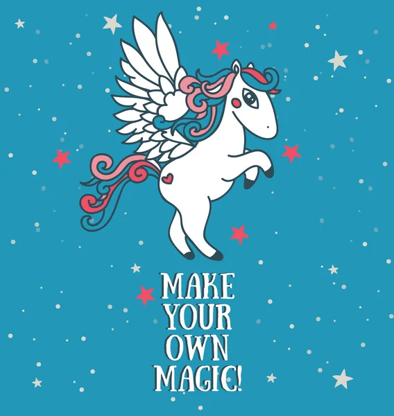 星空の背景、カードの「自分の魔法を作る!」にかわいいペガサスとポスター — ストックベクタ