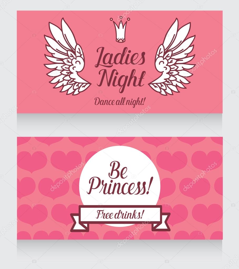 Cards for Ladies party, cute pink design, front and back sides, vector illustration