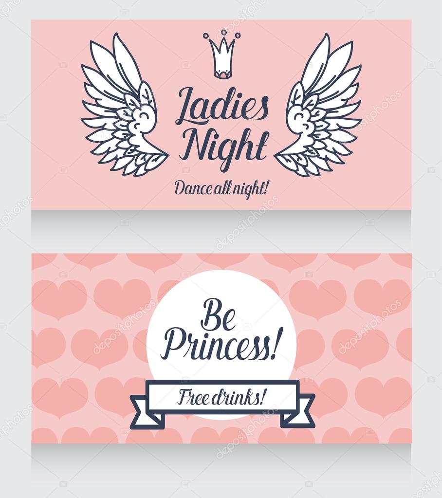 Cards for Ladies party, cute pink design, front and back sides, vector illustration