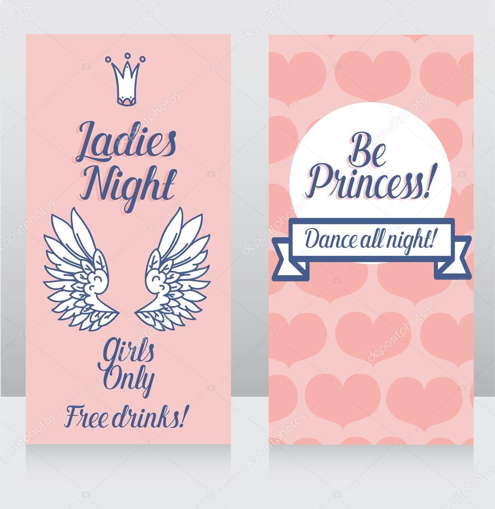 Cards for Ladies party, cute pink design, front and back sides, vector illustration