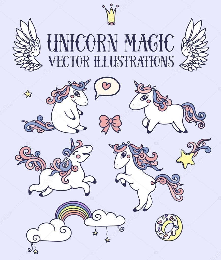 Magic set of cute doodle unicorns, vector illustration