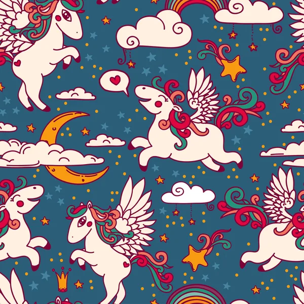 Nahtloser Hintergrund für süße Träume mit niedlichem Doodle-Pegasus — Stockvektor