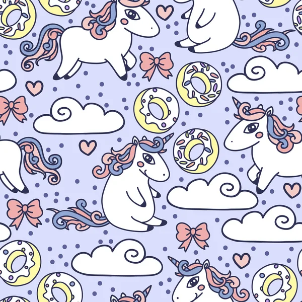 Sfondo senza soluzione di continuità con carino doodle unicorni e dolci — Vettoriale Stock