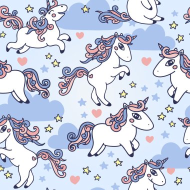 Doodle tek boynuzlu atlar ile şirin seamless modeli