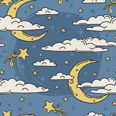 Doodle aylar ve bulutlar ile tatlı rüyalar için renkli kesintisiz arka plan