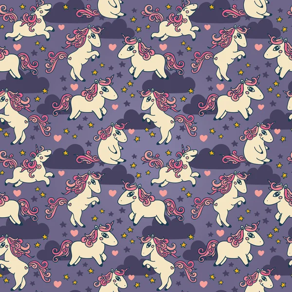 Cute seamless pattern with doodle unicorns — Stock Vector