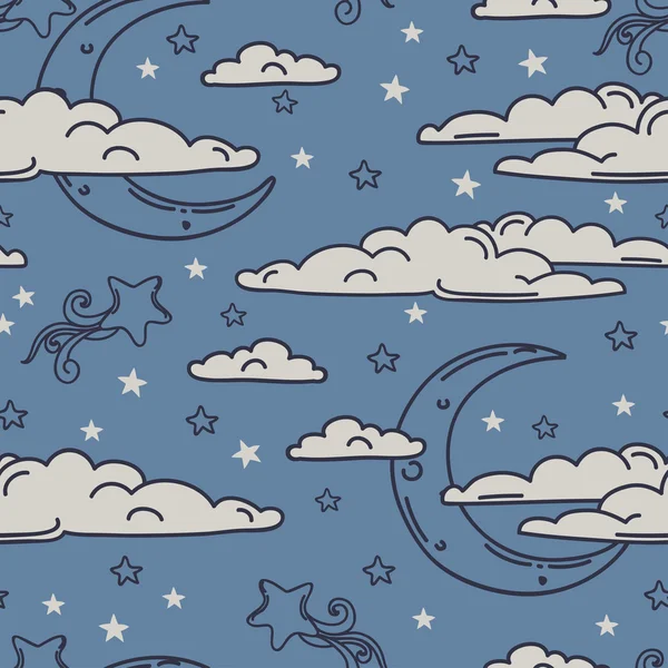 Fondo inconsútil colorido para dulces sueños con lunas de garabato y nubes — Vector de stock