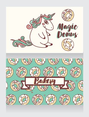 Çizgi film donuts ve tek boynuzlu at fırın için şirin kartları