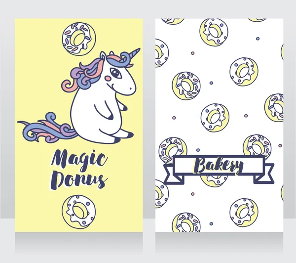 Lindas tarjetas para panadería con rosquillas de dibujos animados y unicornio — Vector de stock