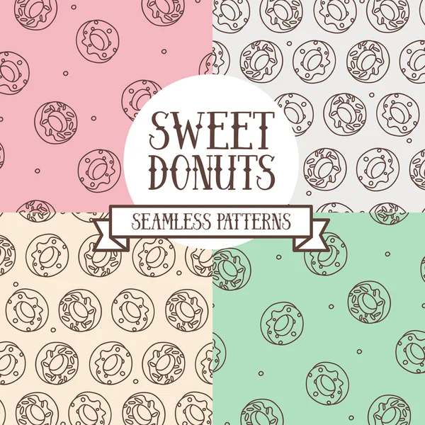 Set von bunten nahtlosen Hintergründe mit niedlichen Doodle Donuts — Stockvektor