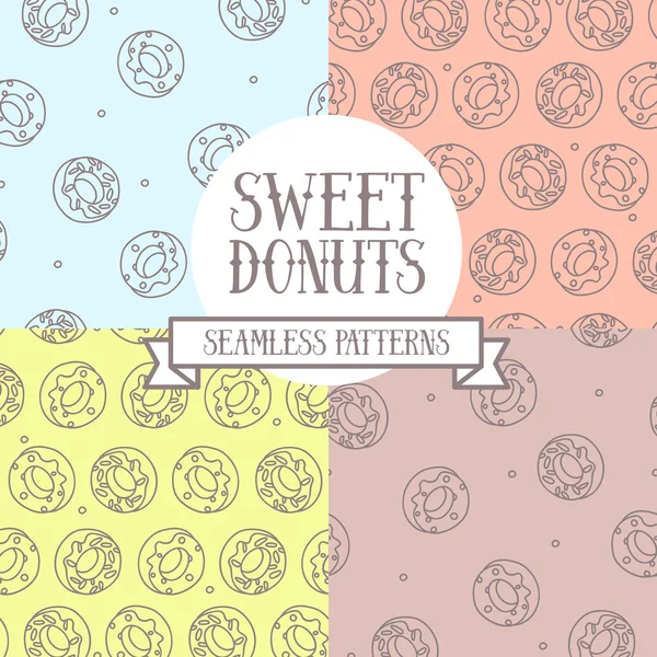 Set von bunten nahtlosen Hintergründe mit niedlichen Doodle Donuts — Stockvektor