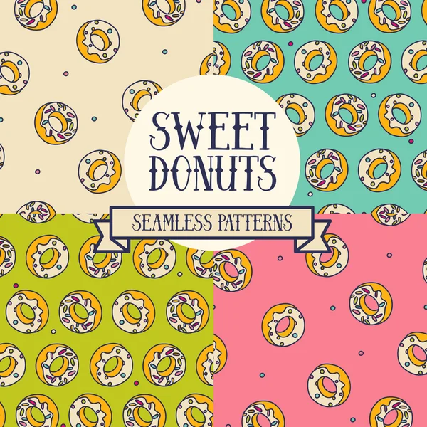 Set von bunten nahtlosen Hintergründe mit niedlichen Doodle Donuts — Stockvektor