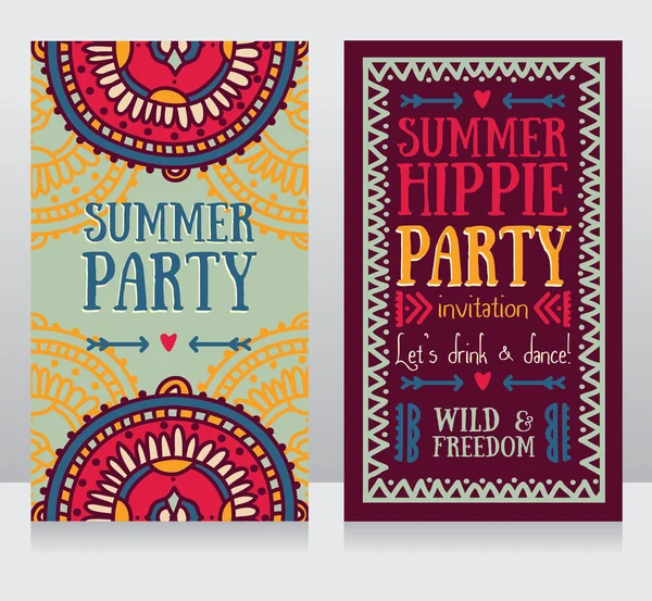 在波西米亚风格的夏日聚会两个多彩卡 — 图库矢量图片