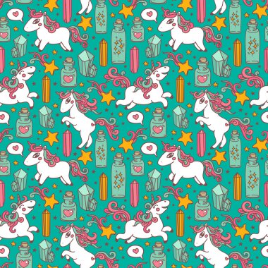 Doodle tek boynuzlu atlar, sihirli kristaller ve şişe ile şirin seamless modeli