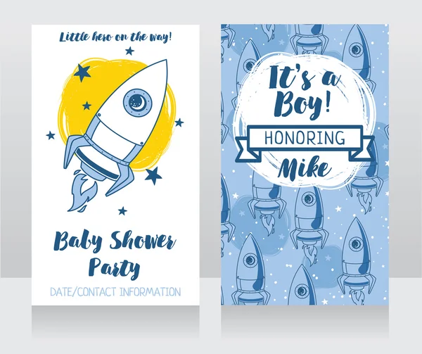 Şirin roket, "Erkektir!" kartları ile bebek duş davetiyeler — Stok Vektör