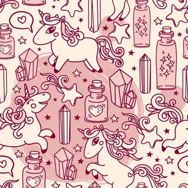 Schattig naadloze patroon met doodle eenhoorns en magische kristallen flacons — Stockvector