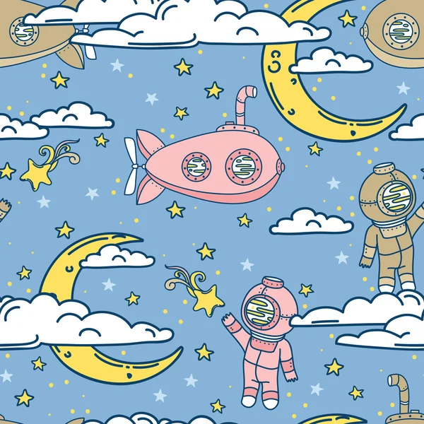 Sfondo senza soluzione di continuità per dolci sogni con lune doodle, nuvole e sottomarini vecchio stile — Vettoriale Stock